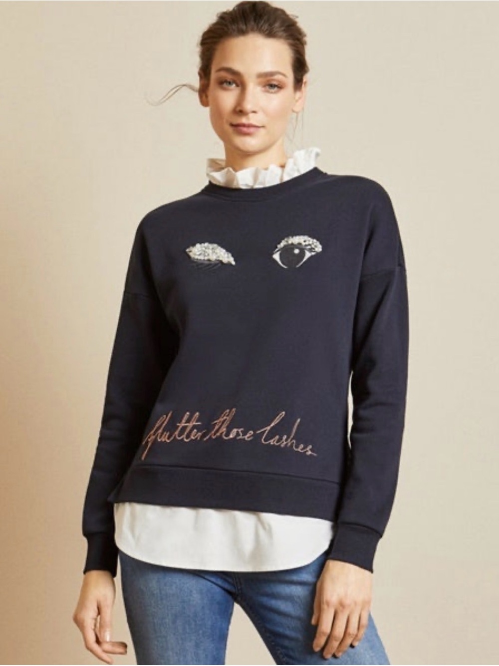 EUC Ted Baker Navy Pearl & Crystal Embellished Wink Crew Sweatshirt